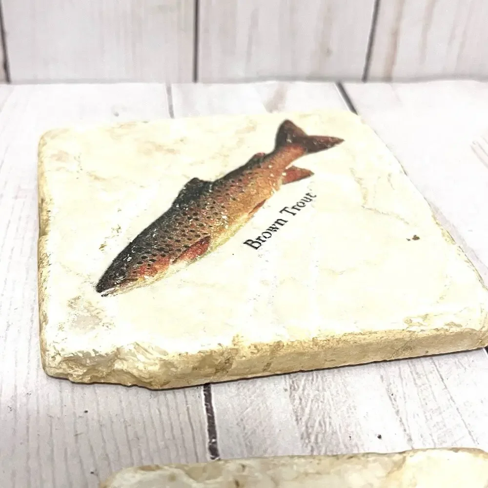 Studio Vertu Stone Coaster Set 4 Fish Salmon Trout Travertine Rustic Lodge Decor